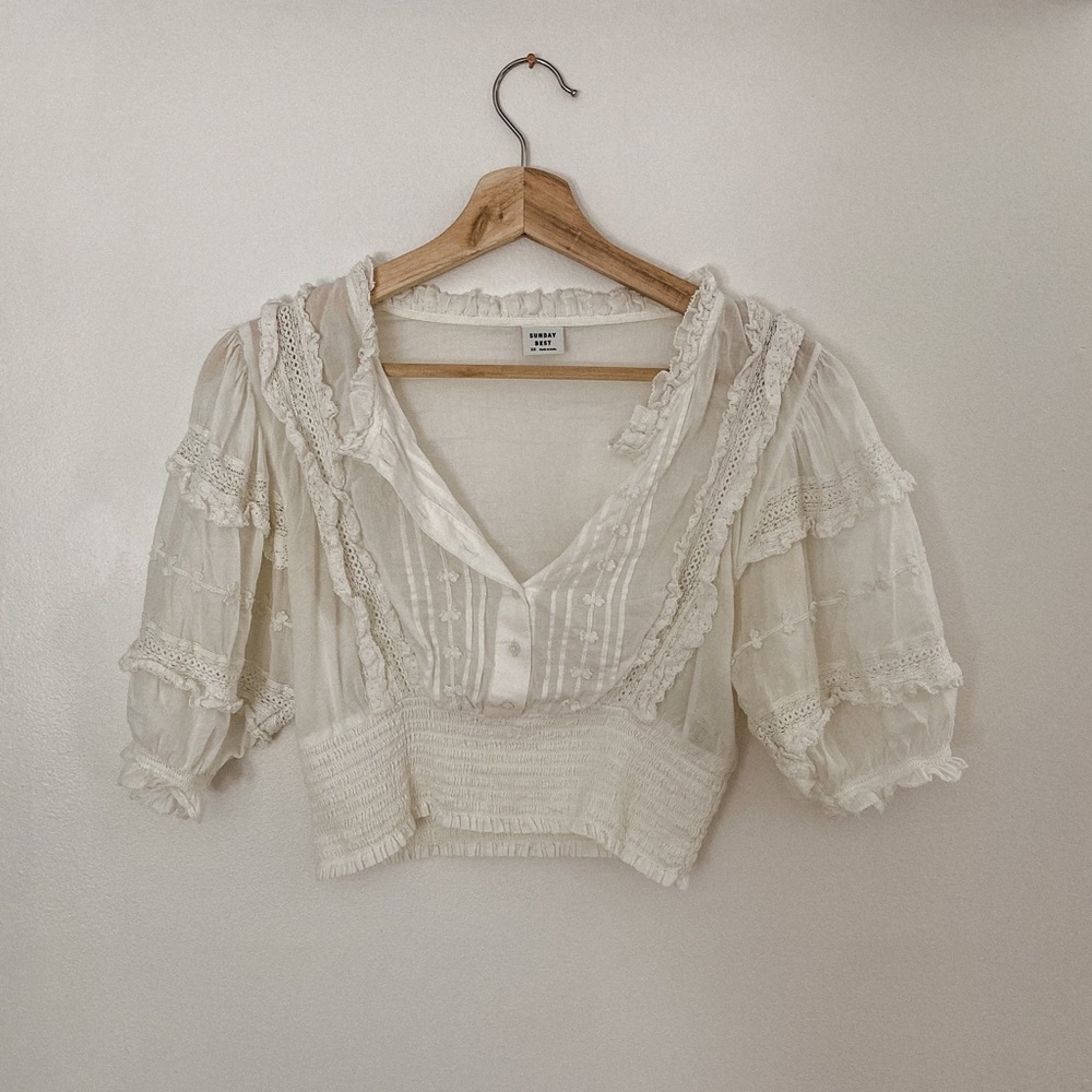 Aritzia (Sunday Best) Cropped Embroidered Peasant Top